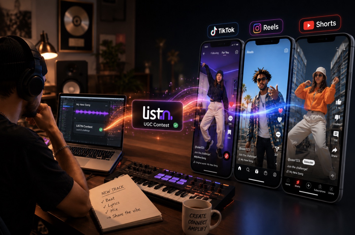 Artist launching a LISTN UGC contest across TikTok, Reels and Shorts