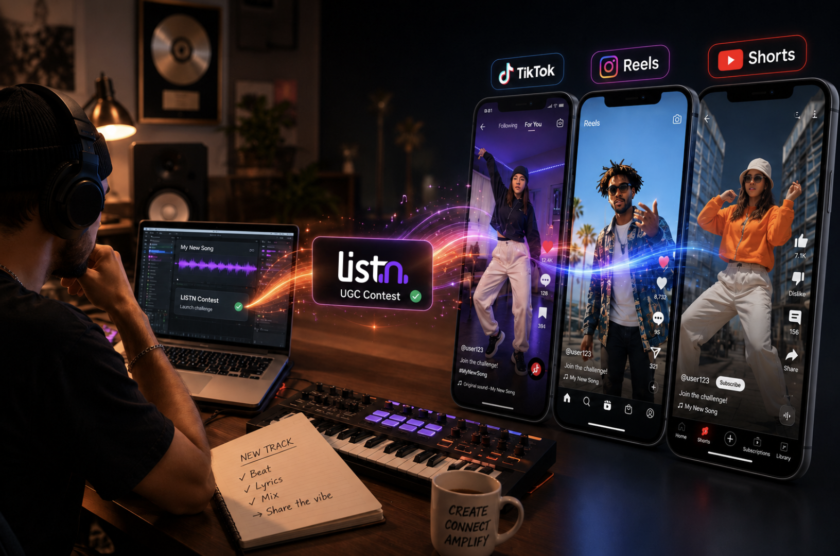 Artist launching a LISTN UGC contest across TikTok, Reels and Shorts